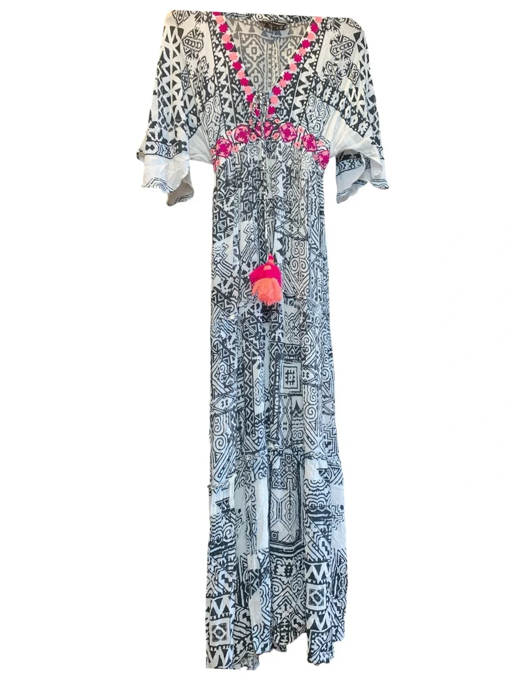 Hemnant & Nandita maxi black white kaftan caftan kimono tall boho swim cover - Picture 2 of 10